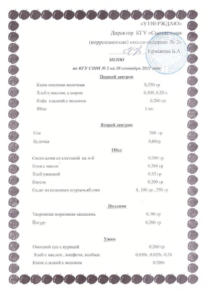 Меню на 20.09.2021г.