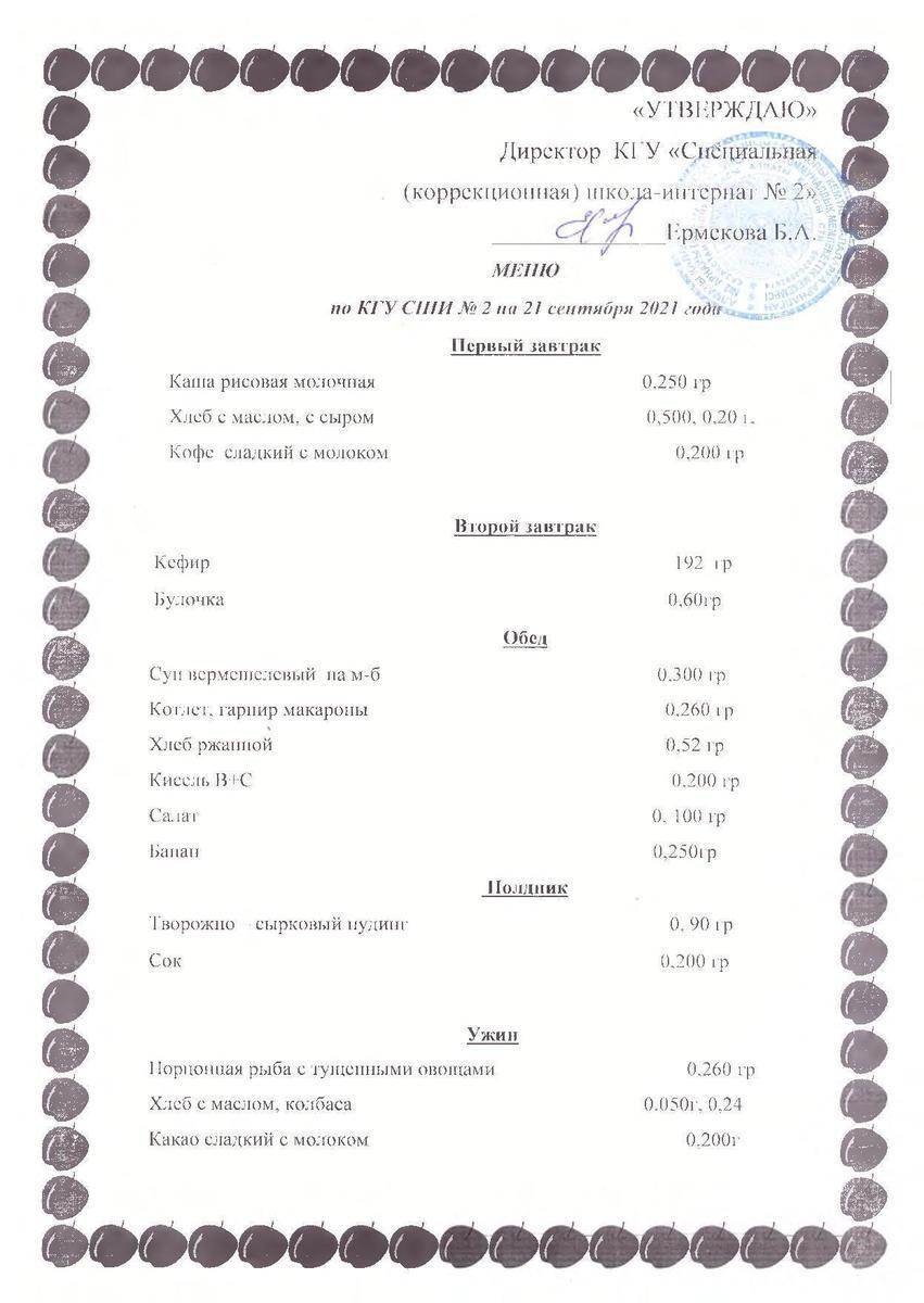 Меню на 21.09.2021г.