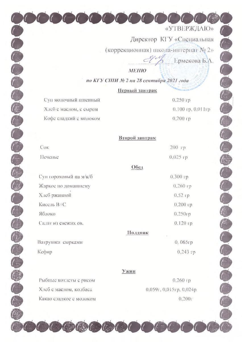 Меню на 28.09.2021г