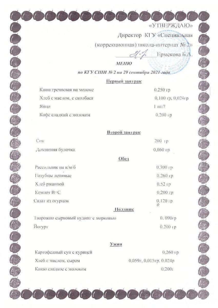 Меню на 29.09.2021г